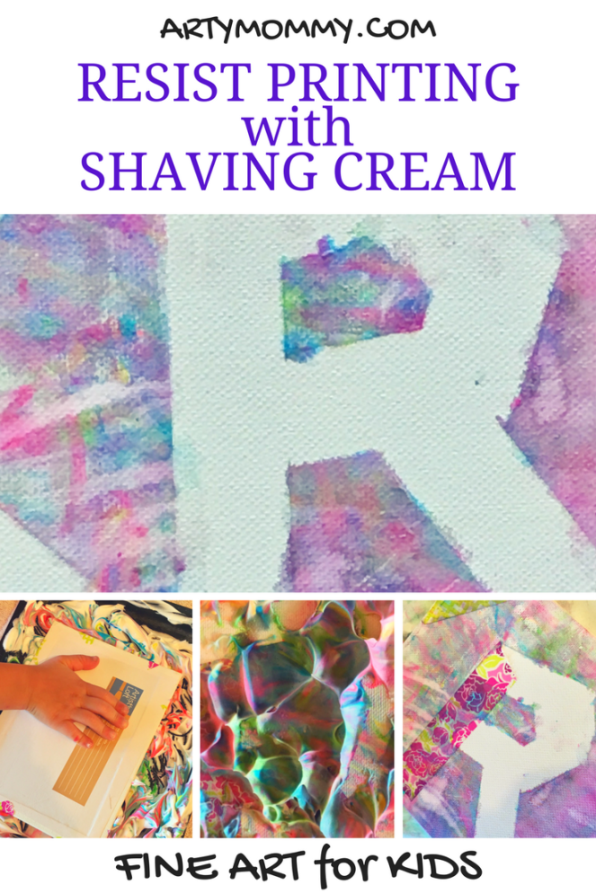 Monogram resist printmaking with shaving cream, artymommy.com
