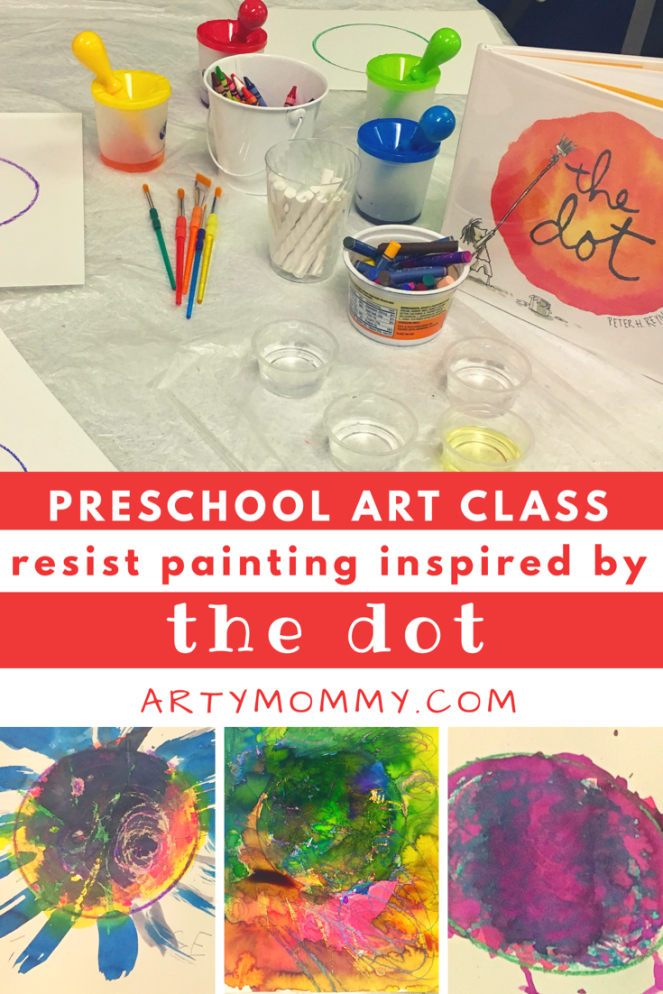 Resist painting during preschool art class with liquid watercolors, inspired by The Dot